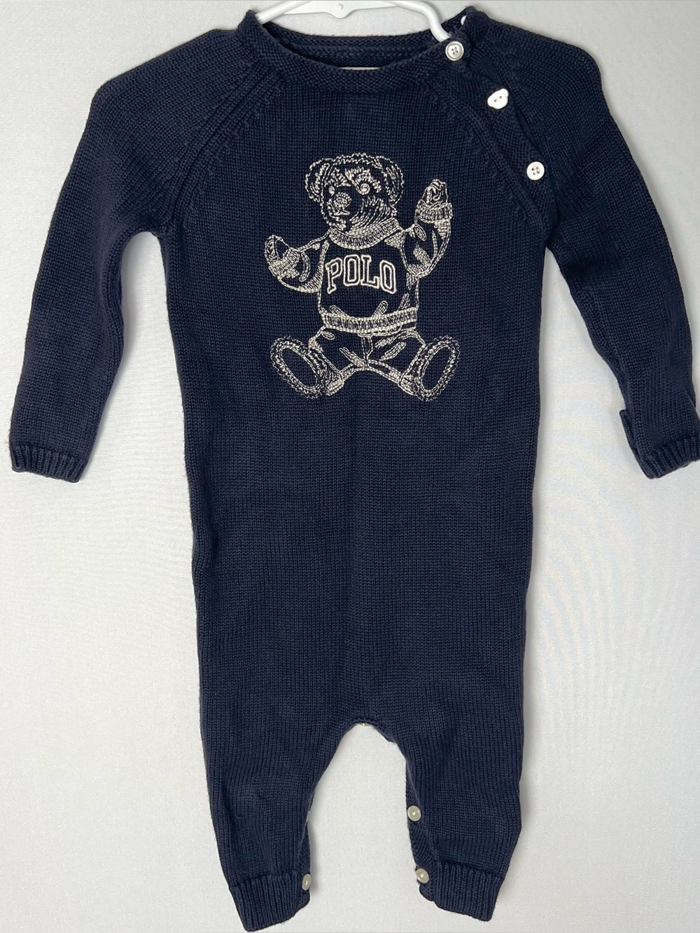 Ralph Lauren Baby Knit One Piece Coverall Embroidered Bear Pearl Button 9 Months